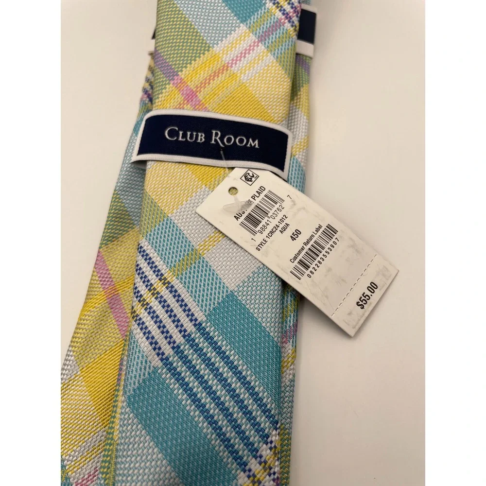 Club Room Mens Plaid Regular Tie Aqua Yellow Pink White 1CRC24-1012 NEW